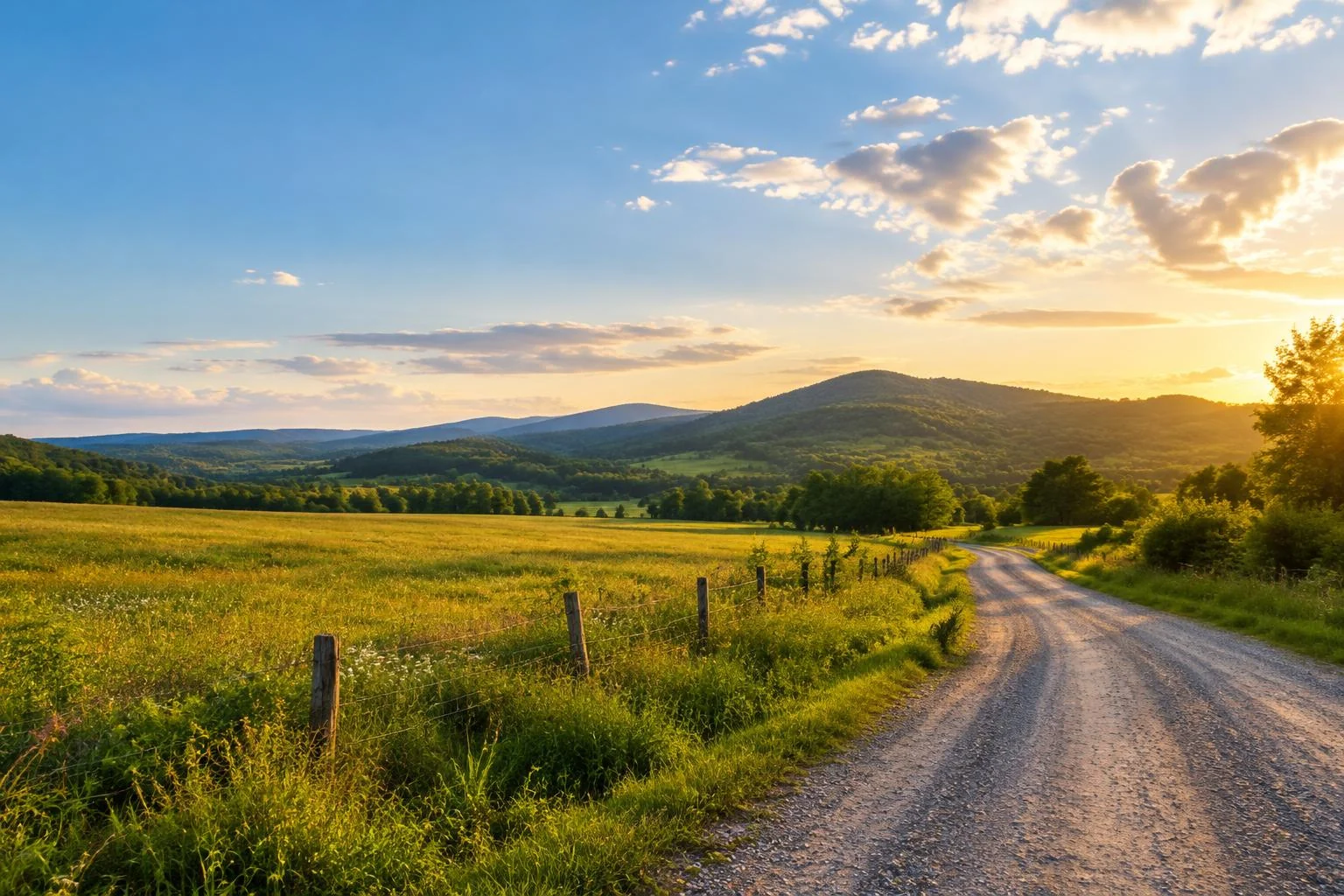Golden-hour countryside with a rural road and open blue sky