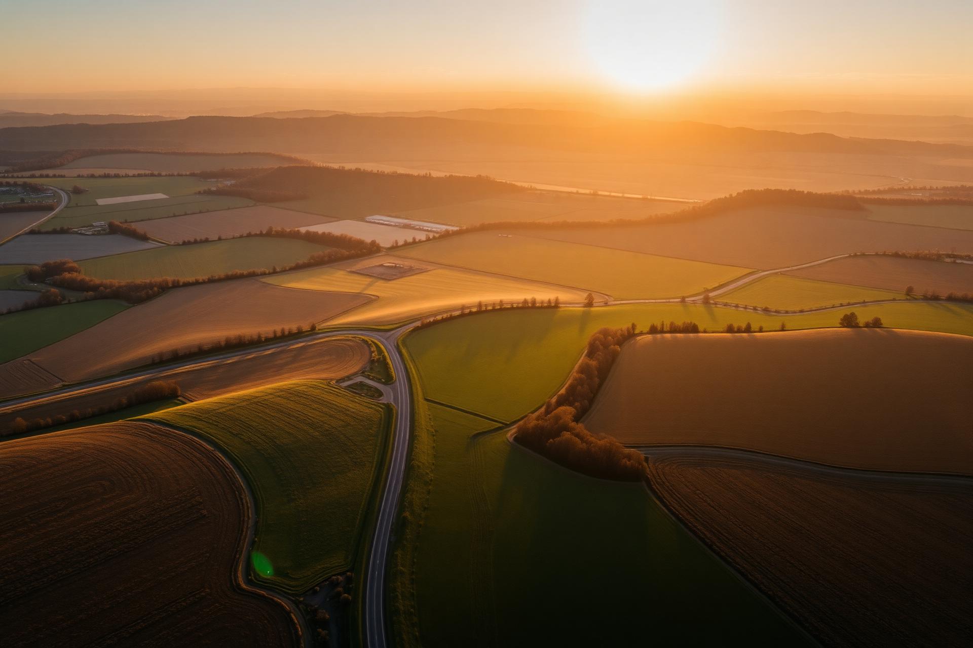 Aerial view of rural farmland at golden hour