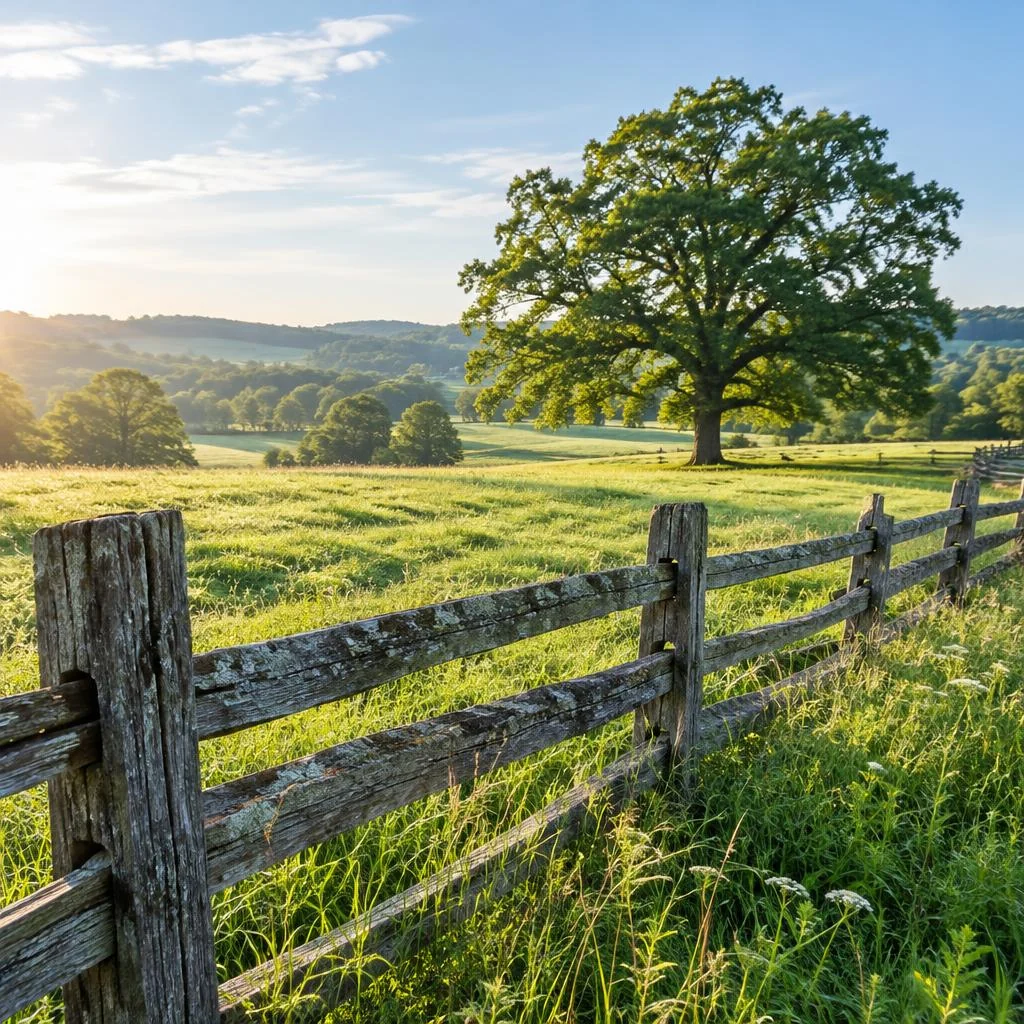 Sunlit green meadow and weathered farm fence